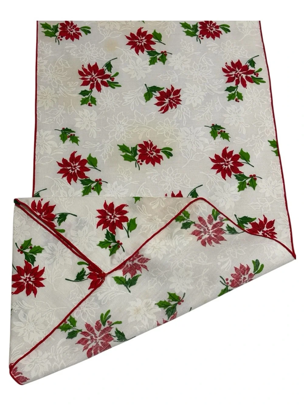 Vintage Christmas Poinsettia Floral Table Runner Dresser Skirt Holly Berries